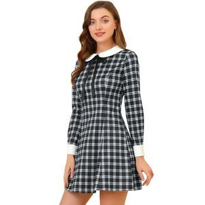 Peter Pan Collar Fit and Flare Mini Plaid Tartan Dress Black